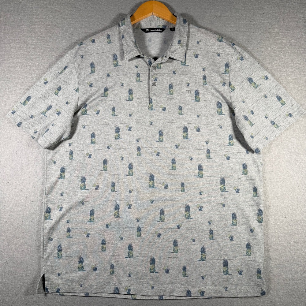 TravisMathew Mens XXL Gray Pineapple Cocktail Print Performance Golf Polo Shirt